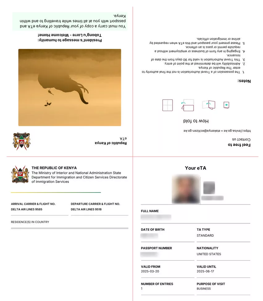 Kenia eVisa Muster – elektronisches Visum